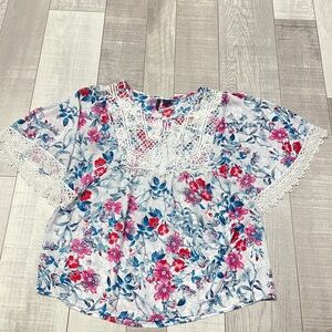 New Directions Floral Lace Blouse - Pink and Blue